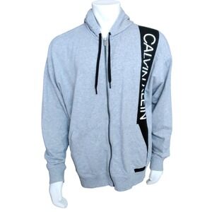 Calvin Klein Mens Heather Grey Vertical Logo Full Zip Hoodie Sweatshirt Large